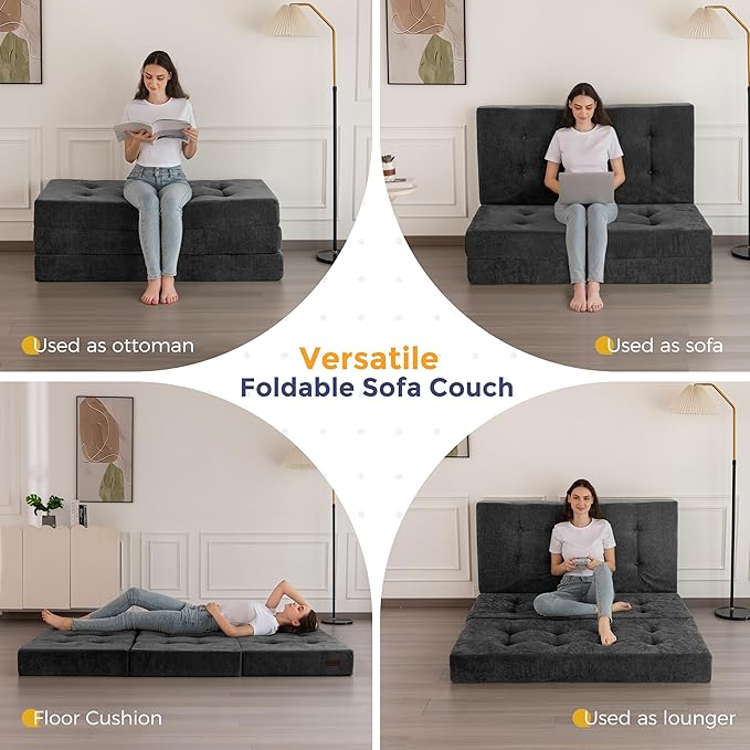 MAXYOYO 6" Folding Sofa Bed for Floor, Tufted Tri-Fold Floor Mattress with Chenille Fabric, Queen Size Portable Sofa Couch Guest Mat for Adults, Foldable Topper for Camping, Dark Grey, 59"x78.7"