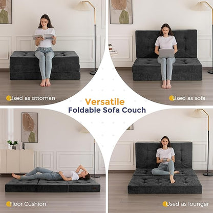 MAXYOYO 6" Folding Sofa Bed for Floor, Tufted Tri-Fold Floor Mattress with Chenille Fabric, Queen Size Portable Sofa Couch Guest Mat for Adults, Foldable Topper for Camping, Dark Grey, 59"x78.7"