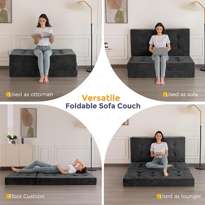 MAXYOYO 6" Folding Sofa Bed for Floor, Tufted Tri-Fold Floor Mattress with Chenille Fabric, Twin Size Portable Sofa Couch Guest Mat for Adults, Foldable Topper for Camping, Dark Grey, 35.4"x75"