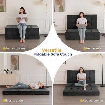 MAXYOYO 6" Folding Sofa Bed for Floor, Tufted Tri-Fold Floor Mattress with Chenille Fabric, Twin Size Portable Sofa Couch Guest Mat for Adults, Foldable Topper for Camping, Dark Grey, 35.4"x75"
