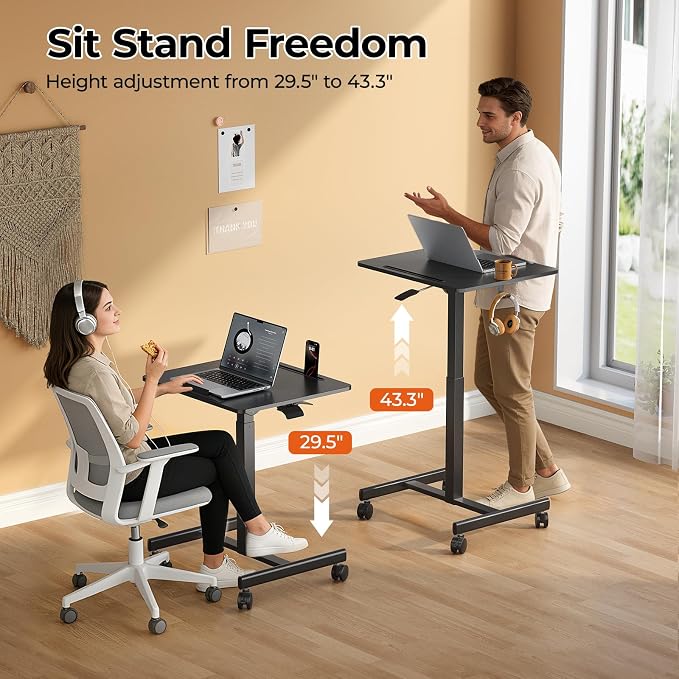JOY worker Mobile Standing Desk, 23.6" x 20.5" Small Rolling Laptop Cart with 90° Tiltable Desktop, Portable Height Adjustable Sit-Stand Computer Desk on Wheels for Home Office, Black