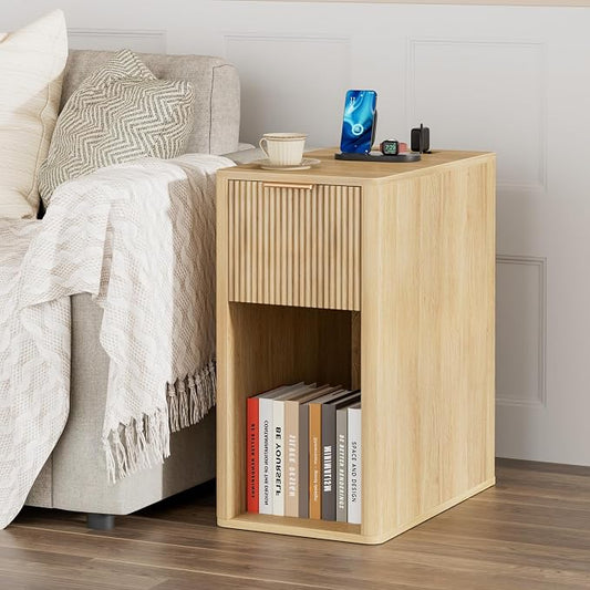 Homleke Narrow End Table with Fluted Drawer and Charging Station, Small Nightstand with USB Ports & Outlets, Bedside Table for Bedroom or Living Room, Modern Accent Table, Natural