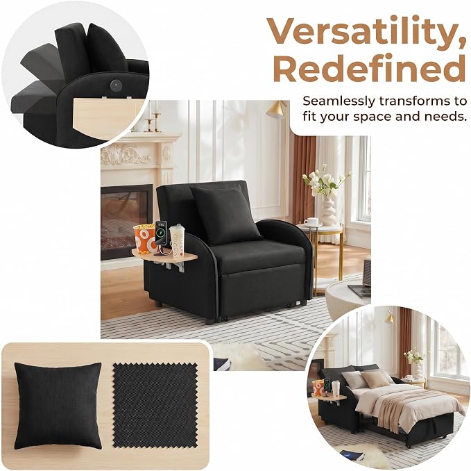 3-in-1 Convertible Sleeper Bed, Pull Out Single Sofa Bed with Adjustable Backrest, Foldable Recliner Sofa with Side Table & USB Port, Sleeper Chair for Living Room, Home Office, Black
