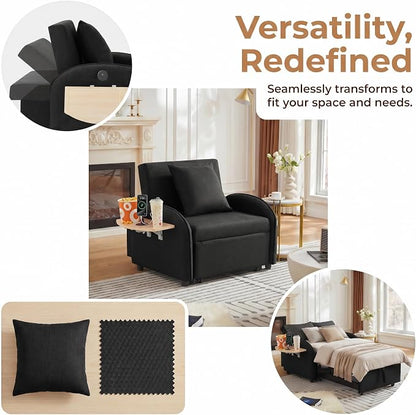 3-in-1 Convertible Sleeper Bed, Pull Out Single Sofa Bed with Adjustable Backrest, Foldable Recliner Sofa with Side Table & USB Port, Sleeper Chair for Living Room, Home Office, Black