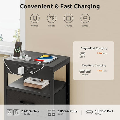 Lazzanto Nightstand Bedside Charger Table for Bedroom - Night Stand with Charging Station, Modern Nightstand with Open Shelf & 2 Fabric Drawers, Bed Side Table with USB-C Port for Dorm, Black