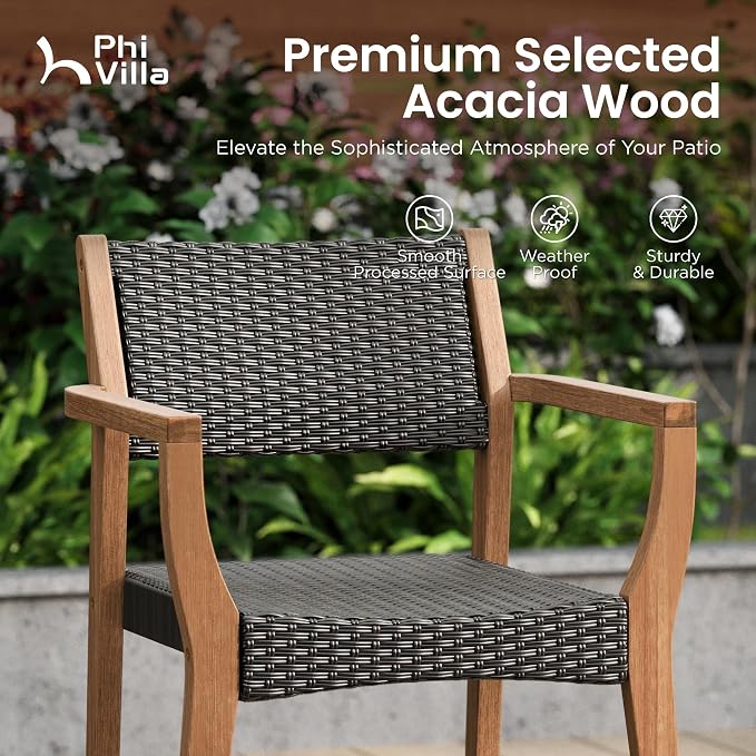 PHI VILLA Outdoor Acacia Wood Chairs Set of 2, Heavy-Duty Patio Dining Armchairs with Wicker Back & Seat, Farmhouse Style Teak Seating Furniture for Deck, Yard, Balcony