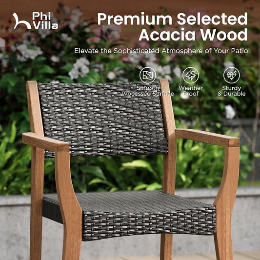 PHI VILLA Outdoor Acacia Wood Chairs Set of 2, Heavy-Duty Patio Dining Armchairs with Wicker Back & Seat, Farmhouse Style Teak Seating Furniture for Deck, Yard, Balcony