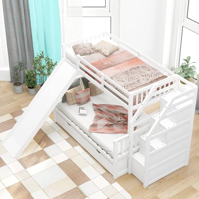 RUNNA Twin Over Full Bunk Bed with Slide,Storage Drawers,Play House, White | Twin over full bunk bed with slide,storage,ladder,play house design,solid wood frame,guardrails,no box spring needed,White