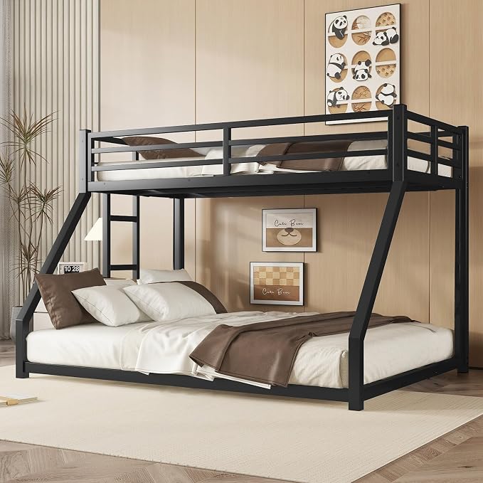 EMKK Twin Over Full Bunk Bed for Adults, Metal Bunk Beds Twin Over Full Size for Teens Dorm Bedroom Guest Room,Heavy Duty Bunk Beds with Ladder and Safety Full Length Guardrail (Black A)