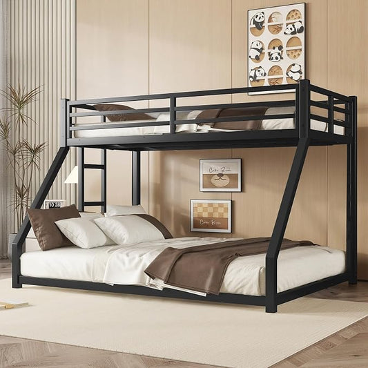 EMKK Twin Over Full Bunk Bed for Adults, Metal Bunk Beds Twin Over Full Size for Teens Dorm Bedroom Guest Room,Heavy Duty Bunk Beds with Ladder and Safety Full Length Guardrail (Black A)