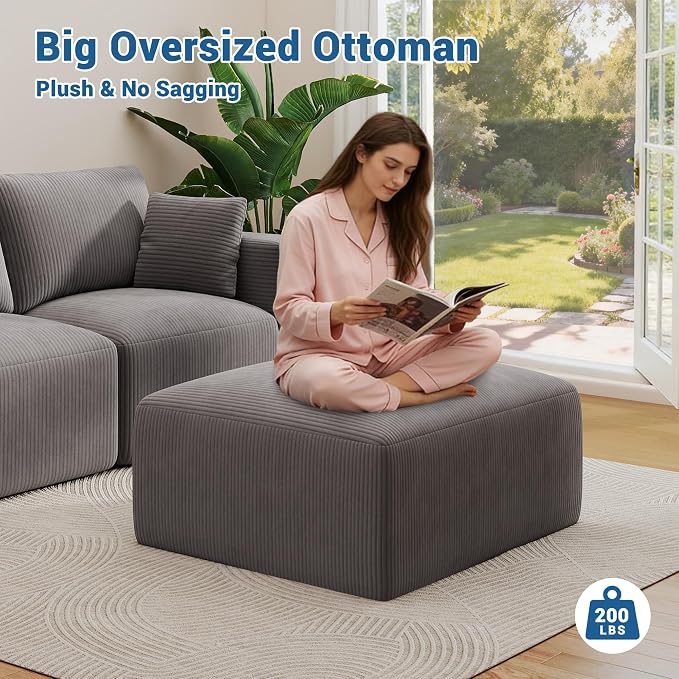 40" Oversized Large Square Corduroy Ottoman Pouf - Poofy Plush Foot Rest with Foam Chunk Filling, Movable Floor Pouf Footstool & Ottoman Coffee Table for Living Room Couch Bedroom, Grey(2 Pieces)