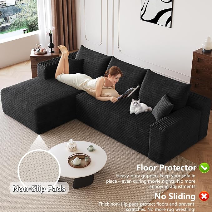 95" Modular Sectional Sofa, Modern Corduroy Cloud Couch with Side Pockets, Boneless Couch Upholstered 3-Seater L-Shaped Sofa for Living Room, No Assembly Required (Black,Left-Facing Chaise)