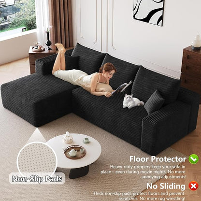 95" Modular Sectional Sofa, Modern Corduroy Cloud Couch with Side Pockets, Boneless Couch Upholstered 3-Seater L-Shaped Sofa for Living Room, No Assembly Required (Black,Left-Facing Chaise)