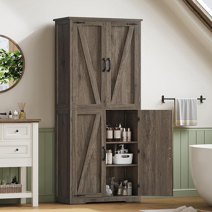 TEENFON Tall Storage Cabinet, Kitchen Pantry Cabinet with 4 Shelves, Adjustable Shelves, Pantry Cabinets with 4 Barn Doors, Tall Kitchen Cabinets for Dining Room, Living Room, Dark Walnut