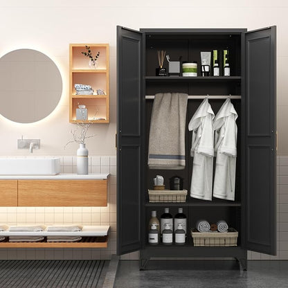 Armoire Wardrobe Closet with Hanging Rod, 71" Tall Metal Clothes Storage Cabinet with Doors and Adjustable Shelves, Black Wardrobe Cabinet, Steel Closet for Bedroom, Bathroom, Office, School