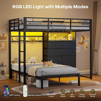BTHFST Bunk Bed Twin Over Twin with 14 Storage Drawers & Bookshelf, Twin Bunk Beds with RGB LED Lights & Metal Grid Panel, Metal Bunk Beds for Kids with Safety Guardrails & Ladder, Black