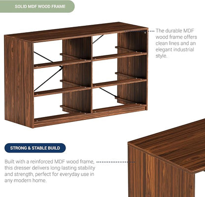 Modern 6-Drawer Dresser with Spacious Storage, Sturdy Wood Frame, Large Capacity Fabric Drawers, Dressers for Bedroom, Home Organization Storage for Living Room or Hallway, Walnut | 6-drawer dresser, fabric storage drawers, sturdy wood frame, bedroom o...