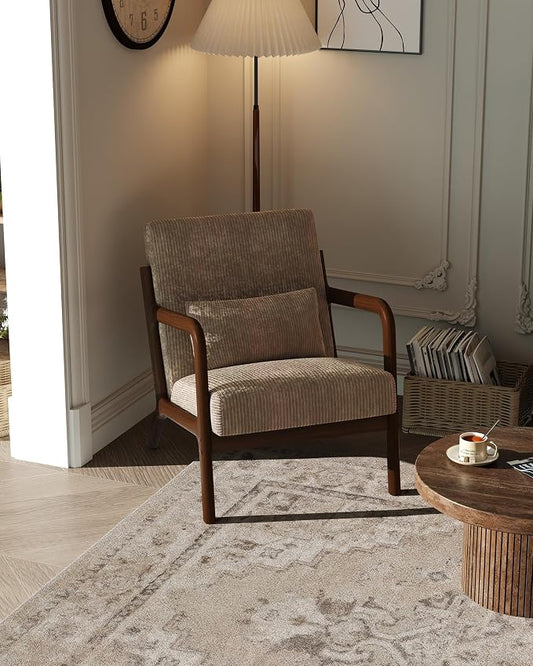 Garvee Mid-Century Modern Accent Chair, Wide-Wale Corduroy Upholstery, Solid Wood Armchair with Removable Lumbar Pillow, Sturdy Reading Chair for Living Room, Bedroom, Guest Room, Easy Assembly, Brown