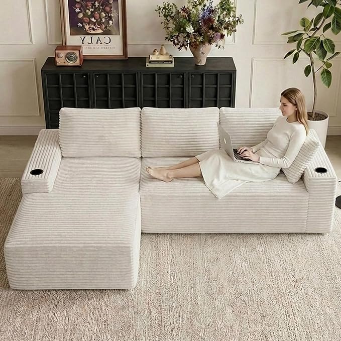 104" Cloud Sectional Couch L-Shaped with Side Pockets Cup Holders, Corduroy Boneless Couch for Living Room,Upholstered Deep-Seat Modular Sectional Sofa, No Assembly Required (White,Left Facing Chaise)