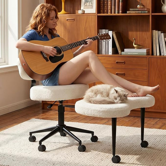 DUMOS Ergonomic ADHD Meditation Office Desk Chair with Adjustable Backrest, Cross Legged Chair Height Adjustable with 360° Swivel Footstool, Yoga Stool for Home Office, Teddy Fabric White
