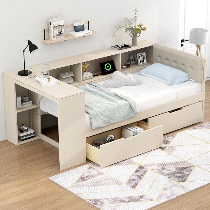 Ball & Cast Twin Size Wood L-shaped Daybed with Storage Shelves and Built-in Desk,Platform Bed w/Under-Bed Drawers & Charging Station,Upholstered Headboard,No Box Spring Needed,for Student Dorms,Cream