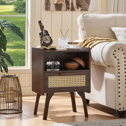 Lerliuo Rattan Nightstand, Bedside Table with Drawer Open Shelf, Cane Accent Side End Table with Solid Wood Legs, Walnut Vintage Night Stand for Bedroom, Dorm and Small Spaces