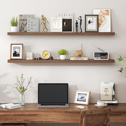 Heimlove 48 Inch Floating Shelves for Wall,Extra Long Wood Shelves Mounted Storage Hanging Shelf Invisible Bracket for Bedroom,Living Room,Kitchen,Office,Set of 2,Walnut Color