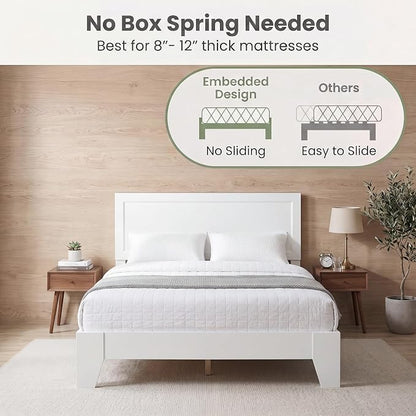 Giantex Queen Size Wooden Bed Frame with Headboard, Wood Slat Support | Modern Platform Bed with Heavy Duty Mattress Foundation, Under-Bed Storage, No Box Spring Needed, Easy Assembly (White)
