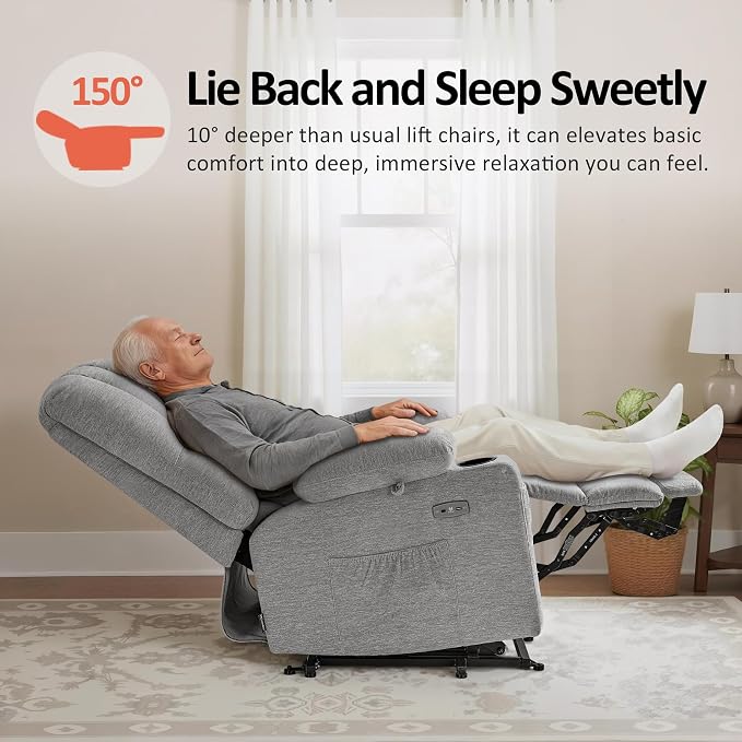 MCombo Power Lift Recliner Chair for Elderly, Lift Chair with Heat and Massage, USB &Type C Ports, Cup Holders, Fabric 7095 (Medium, Grey)