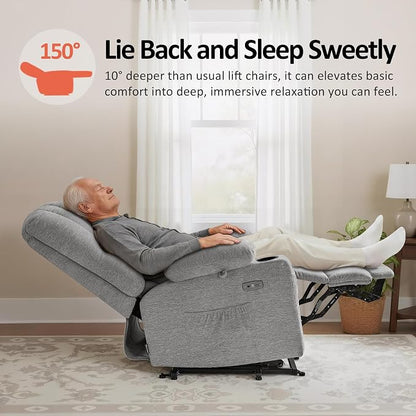 MCombo Power Lift Recliner Chair for Elderly, Lift Chair with Heat and Massage, USB &Type C Ports, Cup Holders, Fabric 7095 (Medium, Grey)