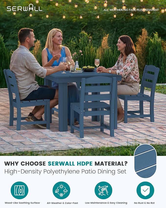 SERWALL HDPE Outdoor Square Dining Set for 4 | with Armless Chair Seat