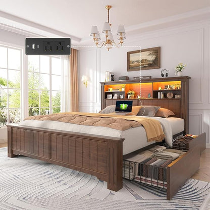 EnHomee Full Size Bed Frame with Storage Headboard and 4 Drawers,Charging Port & LED,No Box Spring Needed,Heavy-Duty Structure,Noise,-Free,Vintage Brown