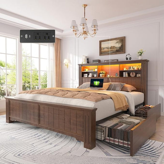 EnHomee Full Size Bed Frame with Storage Headboard and 4 Drawers,Charging Port & LED,No Box Spring Needed,Heavy-Duty Structure,Noise,-Free,Vintage Brown