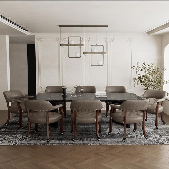 LEEMTORIG Set of 8 Dining Chairs with Casters and Arms, Rolling Dining Chairs with Wheels for Elderly, Ergonomic Wide Seat Wooden Office Chair, 26" Dx25.2 W, Cherry Legs&Dark Brown Fabric SY-1533-DK