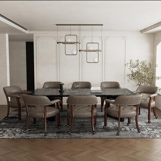 LEEMTORIG Set of 8 Dining Chairs with Casters and Arms, Rolling Dining Chairs with Wheels for Elderly, Ergonomic Wide Seat Wooden Office Chair, 26" Dx25.2 W, Cherry Legs&Dark Brown Fabric SY-1533-DK