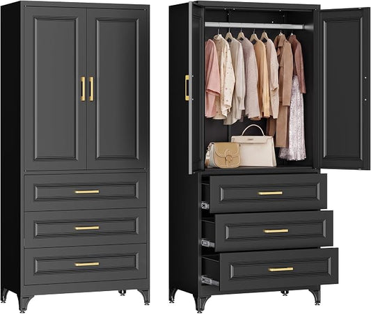 Metal Armoire Wardrobe Closet with Hanging Rod, 71" Tall Wardrobe Cabinet with Doors and 3 Drawers, Clothing Storage Cabinets for Bedroom, Home Office