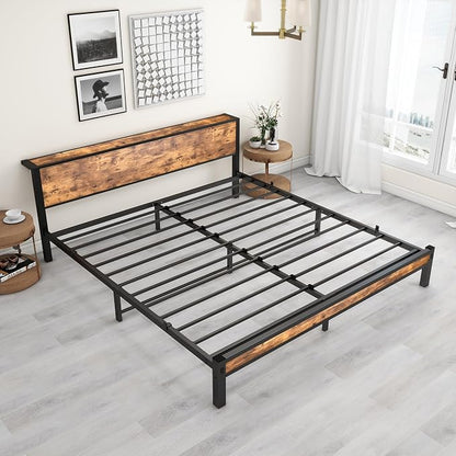 DUMEE King Bed Frame with Wood Storage Headboard, Metal Platform Bed Frames King Size, No Box Spring Needed, Noise Free, Black & Vintage Brown