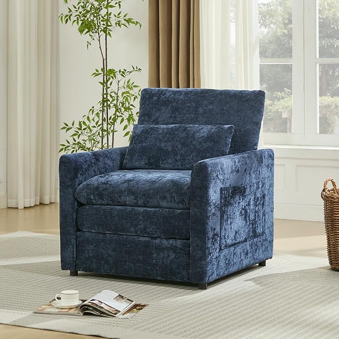 Iroomy Modern Accent Armchair – Cloud-Like Single Sofa with Pocket Spring Seat, Soft Chenille Fabric, Removable Cover, Cozy Lumbar Support for Living Room, Bedroom, Apartment, Blue