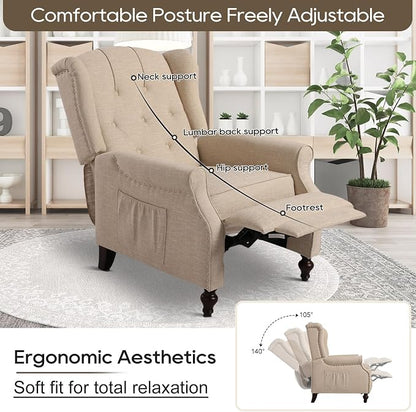 Wingback Recliner Chair with Massage and Heat Tufted Fabric Push Back Arm Chair, Recliner Chair for Living Room Bedroom Home Theater (2,Beige)