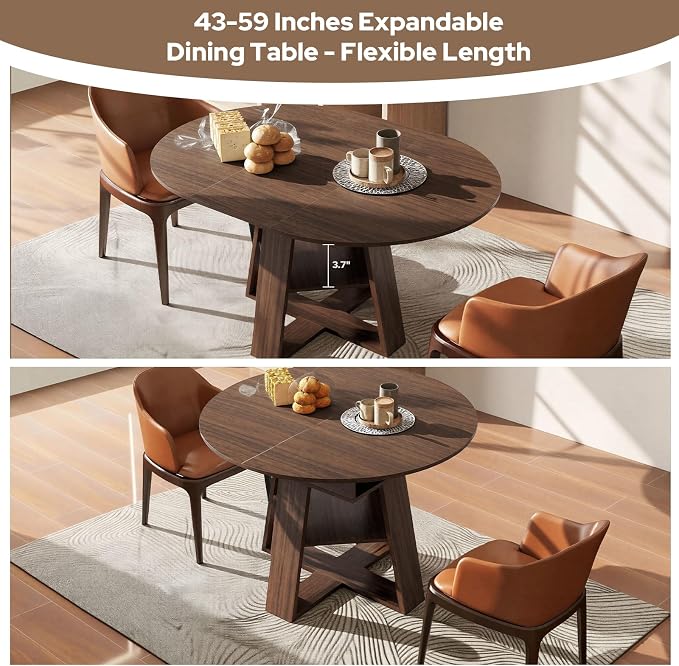 Zevemomo 43"-59" Extendable Dining Room Table for 4-6(Table only), Expandable Round Dining Table, Oval Tabletop with Cross-Shaped Base for Office, Living Room-Dark Brown