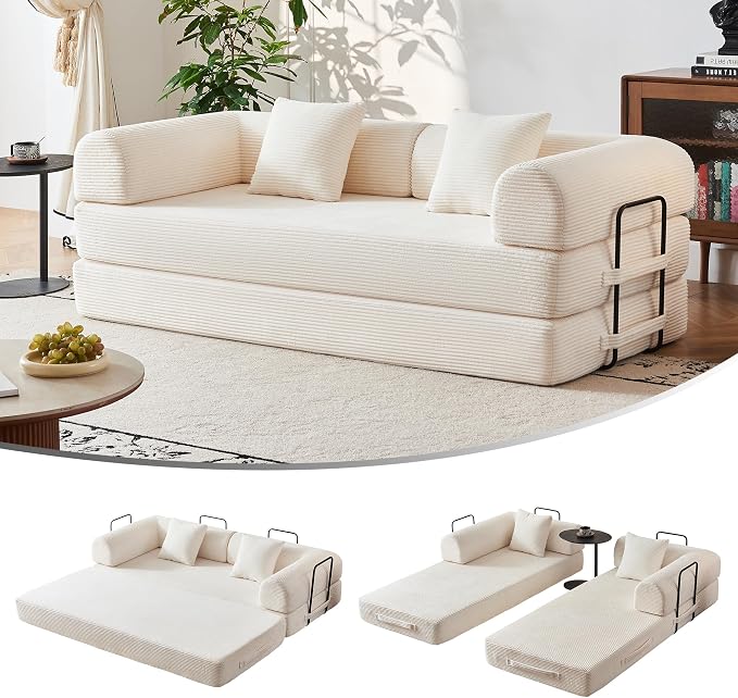 79" 5-in-1 Convertible Sofa Bed No Assembly, Boneless Couch Bed with High Density Foam, Foldable Sleeper Sofa, Corduroy Modular Couch for Apartment, Studio, Dorm Room, Small Space, Beige White