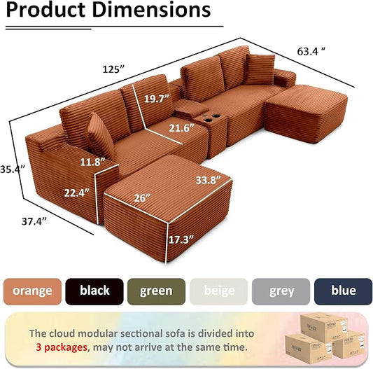 ivoros 125 Inch Modular Sectional Sofa Couch, Oversized Modern Cloud Couch for Living Room, U Shape Couches with 2 Ottomans, USB Ports and Cup Holders, Orange Corduroy Boneless Sofas, Sofa in a Box