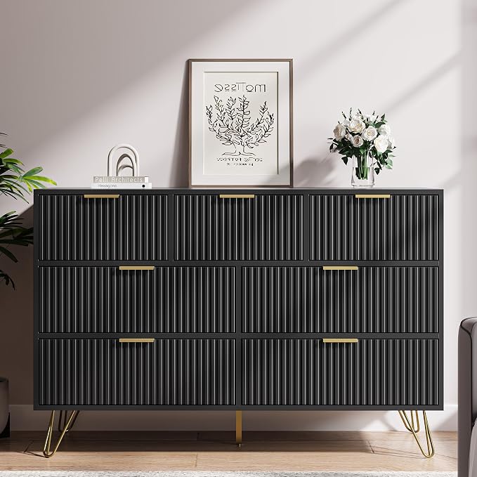 MAISONARIA Black Dresser for Bedroom, 7 Drawer Dresser with Gold Pulls, Wide Chest of Drawers for Bedroom, Entryway, 47.2" L x 15.7" D x 31.4" H