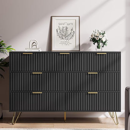 MAISONARIA Black Dresser for Bedroom, 7 Drawer Dresser with Gold Pulls, Wide Chest of Drawers for Bedroom, Entryway, 47.2" L x 15.7" D x 31.4" H