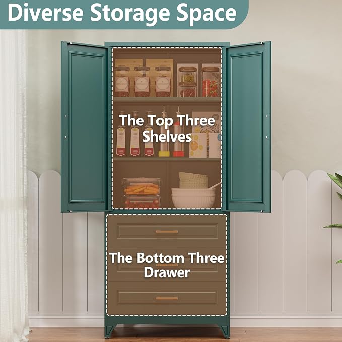 Polup 75" Tall Metal Storage Cabinet with Doors and Shelves, Heavy Duty Green Kitchen Pantry Cabinet with 3 Drawers, Freestanding Food Cupboard Storage Organizers for Laundry, Garage, Dining Room