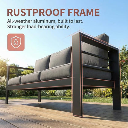 Kiss the Water 3 Seats Aluminum Outdoor Patio Sofa Set, All Weather Rust-Proof Metal Patio Couch, Modern Outdoor Furniture for Backyard Porch Garden, 5" Thick Waterproof Olefin Cushions, Light Grey