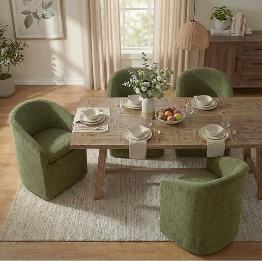 KISLOT Upholstered Dining Chairs with Casters, Washable Cover Modern Dining Room Chairs with Barrel Backrest & Dual Armrest for Kitchen, Living Room, Bedroom, Green Fabric, 4PCS