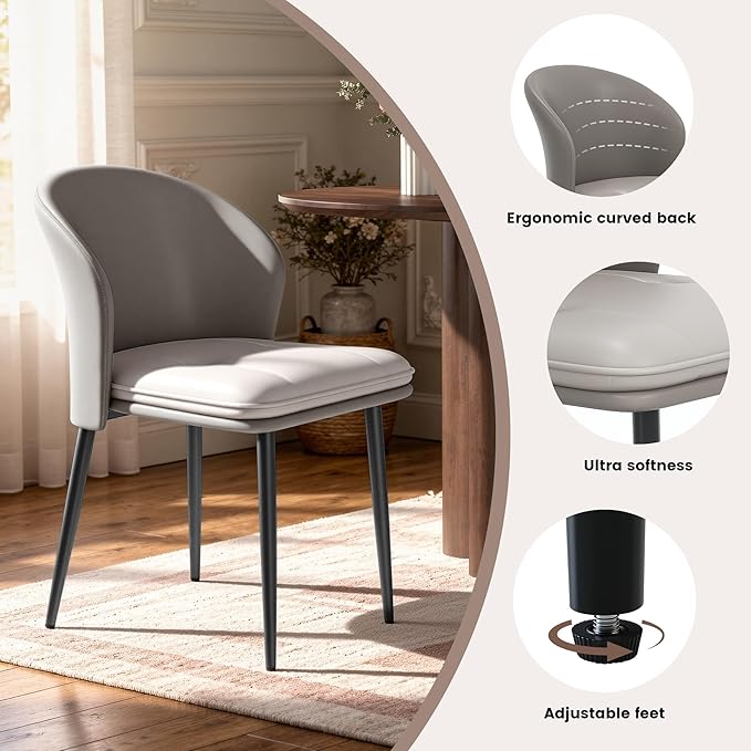 Modern Dining Chairs Set of 2, Faux Leather Upholstered Accent Chair with Metal Legs, Kitchen Side Chair with Comfortable Seat for Dining Room, Living Room, Bedroom, Light Grey