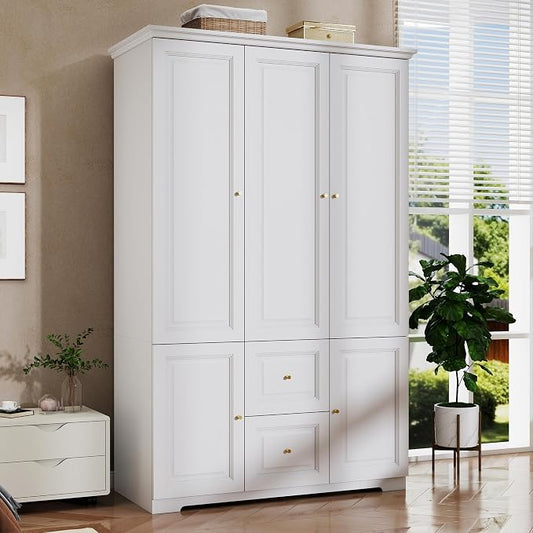 Armoire Wardrobe Closet with Drawers: 74" White Wardrobe with 2 Drawers, 3 Doors Bedroom Armoires with Hanging Rod, Tall Closet Cabinet for Hanging Clothes (47")