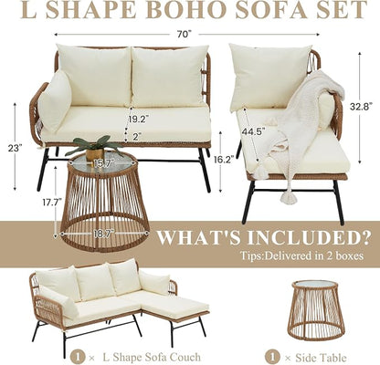 Bezseller 3-Piece Outdoor Patio Furniture Set, L-Shaped Rattan Sectional Sofa with Thick Cushions, Glass Coffee Table – All-Weather Conversation Set for Backyard, Porch, Poolside